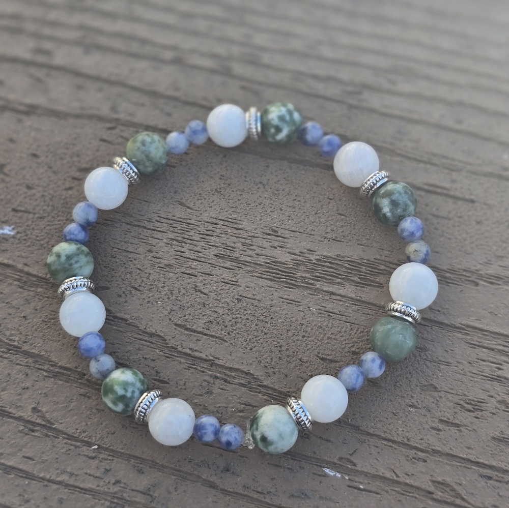 Greet Spot Jaspar, Blue Spot Jaspar, and White Moonstone Bracelet